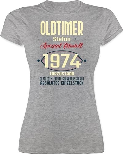 Shirt Damen - 50. Geburtstag - Oldtimer Spezial Modell 1974 zum Fünfzigsten - Name Aufdruck - dunkel - L - Grau meliert - Tshirt tailliert 50 1973 t-Shirt Frauen Jahre t Geschenke für Frau von Geschenk mit Namen personalisiert by Shirtracer