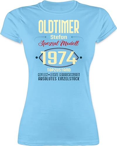 Shirt Damen - 50. Geburtstag - Oldtimer Spezial Modell 1974 zum Fünfzigsten - Name Aufdruck - dunkel - L - Hellblau - Frau t-Shirt 50 1973 t Jahre Frauen Geschenke Tshirt t-Shirts für Jahreszahl von Geschenk mit Namen personalisiert by Shirtracer