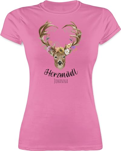 Shirt Damen - Kompatibel Oktoberfest - Herzmädl Hirsch Geweih Hirschgeweih MADL - XXL - Rosa - Tshirt mädchen trachtenshirt Oktoberfest-Outfits bayrisch Oberteil Frau Trachten t-Shirt bayrische von Geschenk mit Namen personalisiert by Shirtracer