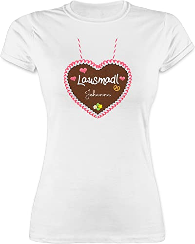 Shirt Damen - Kompatibel Oktoberfest - Lausmadl - Lebkuchenherz und Dein Name - Herzen Blümchen - S - Weiß - Tshirt mädchen Kinder Tracht bayrische Shirts Trachten Outfit bayrisches von Geschenk mit Namen personalisiert by Shirtracer