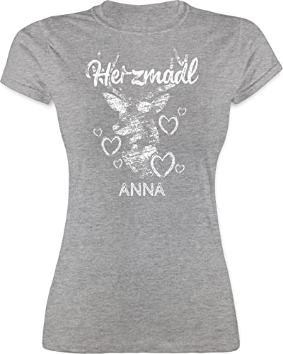 Shirt Damen - Kompatibel Oktoberfest - Herzmadl mit Hirsch und Herzen - L - Grau meliert - tailliertes Trachten Tshirt Volksfest t-Shirt Frauen bayrische t-Shirts Frau Tracht leiberl von Geschenk mit Namen personalisiert by Shirtracer