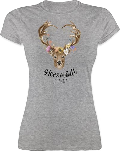Shirt Damen - Kompatibel Oktoberfest - Herzmädl Hirsch Geweih Hirschgeweih MADL - XXL - Grau meliert - Tshirt als Dirndl bayrische t-Shirts Frau Trachten Name t-Shirt bayrischer Abend Outfit von Geschenk mit Namen personalisiert by Shirtracer