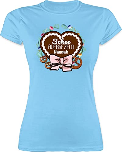 Shirt Damen - Kompatibel Oktoberfest - Lebkuchenherz und Schriftzug - Schee aufbrezeld - Brezen und Schleife - S - Hellblau - tailliertes t-Shirts Trachten Tshirt Trachten- Tshirts Frauen von Geschenk mit Namen personalisiert by Shirtracer