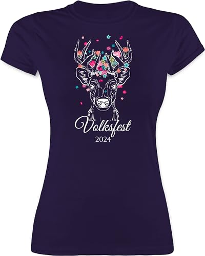 Shirt Damen - Kompatibel Oktoberfest - Volksfest Hirsch Geweih - XXL - Lila - tailliertes t-Shirts bayrisches Outfit Funshirts für Frauen bedrucktes Tshirt Tshirts Shirts tailliert t Kurzarm von Geschenk mit Namen personalisiert by Shirtracer