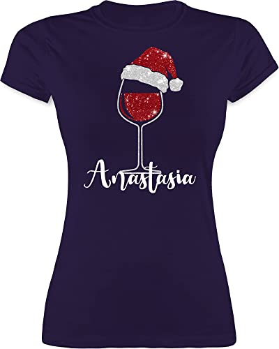 Shirt Damen - Weihnachten Geschenke Christmas - Weinglas mit Weihnachtsmütze in Glitzeroptik und Name - L - Lila - weihnachtsmotiven Tshirt Weihnachts weihnacht Frauen weihnachtsshirt weihnachtlich von Geschenk mit Namen personalisiert by Shirtracer