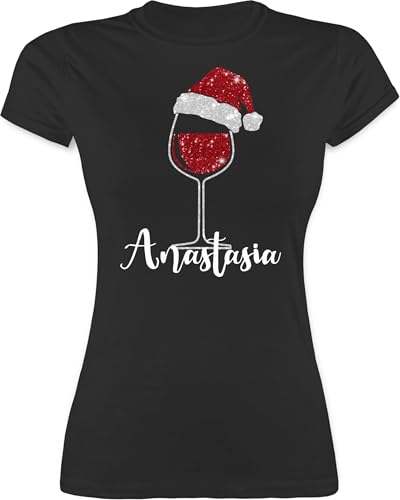 Shirt Damen - Weihnachten Geschenke Christmas - Weinglas mit Weihnachtsmütze in Glitzeroptik und Name - S - Schwarz - weihnachtsshirt Weihnachts-Shirt Weihnachts Glitzer Tshirt t nikolausmütze von Geschenk mit Namen personalisiert by Shirtracer