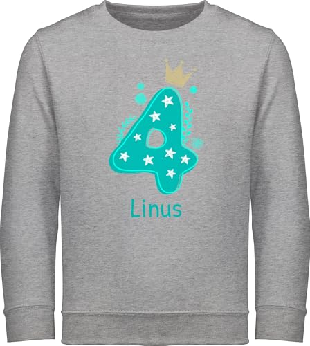 Sweater Kinder Sweatshirt Jungen Mädchen Pullover - 4. Geburtstag - 4 mit Krone und Name - 116 (5/6 Jahre) - Grau meliert - personalisierte 4.Geburtstag Jahre kinderpullover Pulli Langarm Junge von Geschenk mit Namen personalisiert by Shirtracer