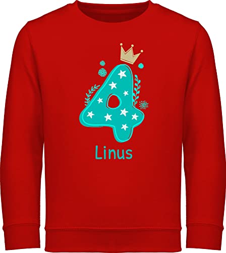 Sweater Kinder Sweatshirt Jungen Mädchen Pullover - 4. Geburtstag - 4 mit Krone und Name - 140 (9/11 Jahre) - Rot - personalisierte 4.Geburtstag Jahre kinderpullover Pulli Langarm Junge von Geschenk mit Namen personalisiert by Shirtracer
