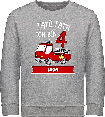 Sweater Kinder Sweatshirt Jungen Mädchen Pullover - 4. Geburtstag - Tatü Tata Ich bin 4 - Tatütata ich werde 4 Feuerwehrauto ist da - 116 (5/6 Jahre) - Grau meliert - 4.geburtstag name jahre von Geschenk mit Namen personalisiert by Shirtracer