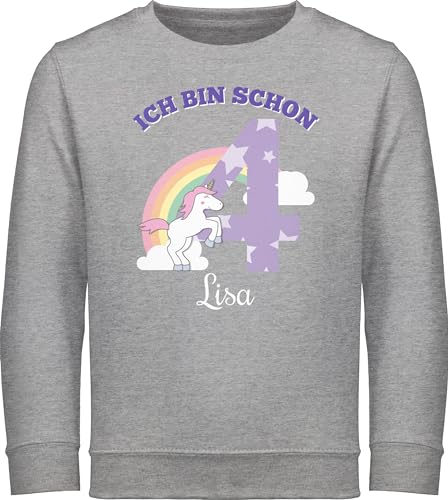 Sweater Kinder Sweatshirt Jungen Mädchen Pullover - 4. - Ich Bin Schon 4 - Einhorn Unicorn Fabelwesen - Vierter Geburtstag - 104 (3/4 Jahre) - Grau meliert - personalisierte 4.Geburtstag Jahre Name von Geschenk mit Namen personalisiert by Shirtracer