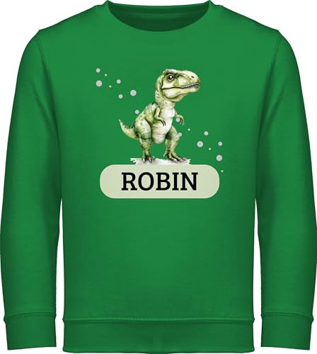 Sweater Kinder Sweatshirt Jungen Mädchen Pullover - Dino mit Name personalisiert I T Rex Geschenk Dinosaurier I Dinogeschenk - 128 (7/8 Jahre) - Grün - Pulli Tier Tieren saurier Dinosaur von Geschenk mit Namen personalisiert by Shirtracer