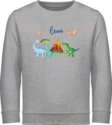 Sweater Kinder Sweatshirt Jungen Mädchen Pullover - Geschenk Dinosaurier personalisiert mit Name I Dino I Dinos - 116 (5/6 Jahre) - Grau meliert - Pulli Tier trex kinderkleidung Tieren Kita von Geschenk mit Namen personalisiert by Shirtracer