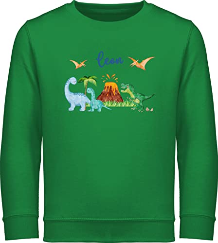 Sweater Kinder Sweatshirt Jungen Mädchen Pullover - Geschenk Dinosaurier personalisiert mit Name I Dino I Dinos - 104 (3/4 Jahre) - Grün - Pulli Tier trex kinderkleidung Tieren Kita Baumwolle von Geschenk mit Namen personalisiert by Shirtracer