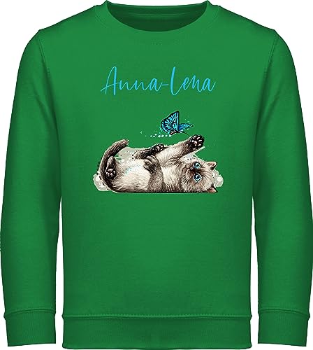 Sweater Kinder Sweatshirt Jungen Mädchen Pullover - Katzen - Süße verspielte Katze Cat - 116 (5/6 Jahre) - Grün - personalisierte Geschenke katzenmotiv für katzenbesitzerin katzenmotiven Name von Geschenk mit Namen personalisiert by Shirtracer