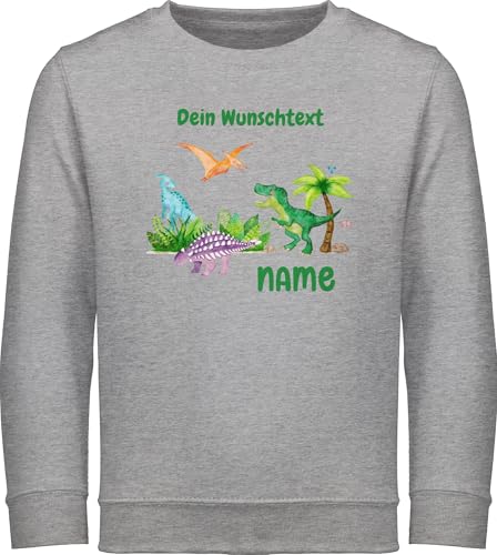 Sweater Kinder Sweatshirt Jungen Mädchen Pullover - Tiere - Dino Dinos Dinosaurier - 128 (7/8 Jahre) - Grau meliert - Sweat personalisierte Geschenke Name Pulli Tier Kita Langarm Tieren von Geschenk mit Namen personalisiert by Shirtracer