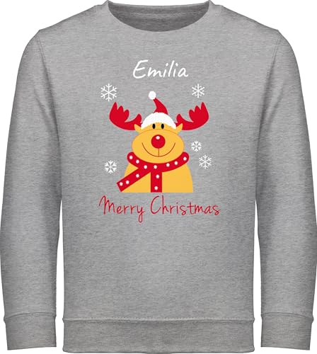Sweater Kinder Sweatshirt Jungen Mädchen Pullover - Weihnachten Geschenke - Merry Christmas Rentier mit Wunschname - 140 (9/11 Jahre) - Grau meliert - Weihnachtspullover Junge 152 Weihnachts von Geschenk mit Namen personalisiert by Shirtracer