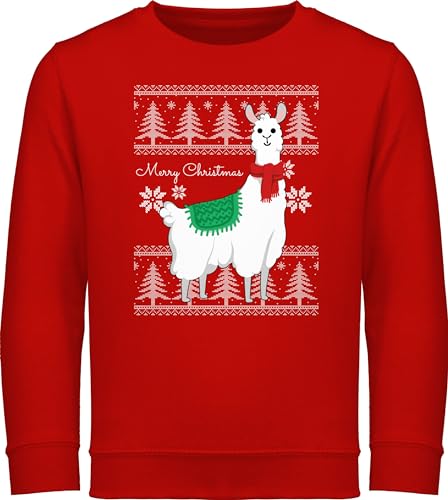 Sweater Kinder Sweatshirt Jungen Mädchen Pullover - Weihnachten - Merry Christmas - Weihnachtslama mit Text Wunschtext Lama - 104 (3/4 Jahre) - Rot - weihnachtspulli Jungs weinachts pullies von Geschenk mit Namen personalisiert by Shirtracer