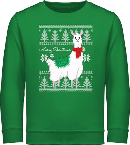 Sweater Kinder Sweatshirt Jungen Mädchen Pullover - Weihnachten - Merry Christmas - Weihnachtslama mit Text Wunschtext Lama - 140 (9/11 Jahre) - Grün - weihnachtspulli Jungs weinachts pullies von Geschenk mit Namen personalisiert by Shirtracer