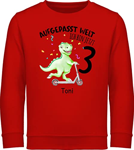 Sweater Kinder Sweatshirt Jungen Mädchen Pullover - 3. Geburtstag - Aufgepasst Welt - Ich bin jetzt 3 - Dino Dinosaurier Saurier - 104 (3/4 Jahre) - Rot - jahre junge geburtstagsoutfit dritter von Geschenk mit Namen personalisiert by Shirtracer