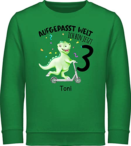 Sweater Kinder Sweatshirt Jungen Mädchen Pullover - 3. Geburtstag - Aufgepasst Welt - Ich bin jetzt 3 - Dino Dinosaurier Saurier - 104 (3/4 Jahre) - Grün - birthday pulli jahre junge bekleidung von Geschenk mit Namen personalisiert by Shirtracer