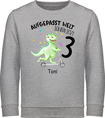 Sweater Kinder Sweatshirt Jungen Mädchen Pullover - 3. Geburtstag - Aufgepasst Welt - Ich bin jetzt 3 - Dino Dinosaurier Saurier - 116 (5/6 Jahre) - Grau meliert - pulli dritter schon pullis von Geschenk mit Namen personalisiert by Shirtracer