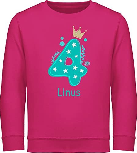 Sweater Kinder Sweatshirt Jungen Mädchen Pullover - 4. Geburtstag - 4 mit Krone und Name - 104 (3/4 Jahre) - Fuchsia - personalisierte 4.Geburtstag Jahre kinderpullover Pulli Junge von Geschenk mit Namen personalisiert by Shirtracer