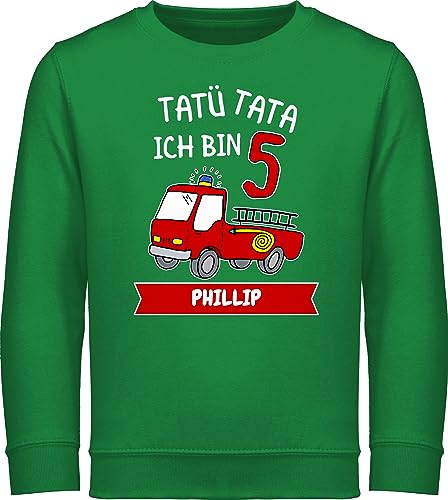 Sweater Kinder Sweatshirt Jungen Mädchen Pullover - 5. Geburtstag - Tatü Tata Ich bin 5 - Tatütata ich werde 5 Feuerwehrauto ist da - 128 (7/8 Jahre) - Grün - jahre junge name und kind von Geschenk mit Namen personalisiert by Shirtracer