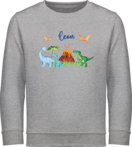 Sweater Kinder Sweatshirt Jungen Mädchen Pullover - Dinosaurier Dino Dinos - 104 (3/4 Jahre) - Grau meliert - personalisierter Pulli Junge Name Tieren und saurier wütender Tier Dinosaurs Motiv von Geschenk mit Namen personalisiert by Shirtracer