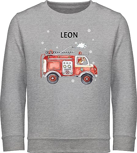 Sweater Kinder Sweatshirt Jungen Mädchen Pullover - Feuerwehr Auto Feuerwehrauto 112 Fire Truck Löschfahrzeug - 116 (5/6 Jahre) - Grau meliert - Name und personalisierte Geschenke Junge von Geschenk mit Namen personalisiert by Shirtracer