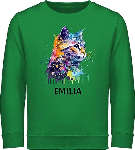 Sweater Kinder Sweatshirt Jungen Mädchen Pullover - Katze Cat Citten Katzen Cats Katzenlieberhaber - 140 (9/11 Jahre) - Grün - namens druck und katzenmotiv pulli katzenbesitzerin von Geschenk mit Namen personalisiert by Shirtracer