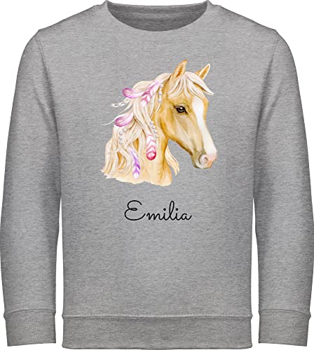 Sweater Kinder Sweatshirt Jungen Mädchen Pullover - Pferd Pferde - Pferdekopf - 140 (9/11 Jahre) - Grau meliert - Name personalisierte Reiter Geschenke pferdemotiv Spruch selbst gestalten von Geschenk mit Namen personalisiert by Shirtracer