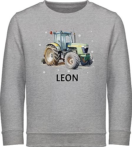 Sweater Kinder Sweatshirt Jungen Mädchen Pullover - Traktor - Trecker Name - 116 (5/6 Jahre) - Grau meliert - traktor+pullover+kinder für traktorfahrer und junge landwirt pulli tractors bulldog von Geschenk mit Namen personalisiert by Shirtracer