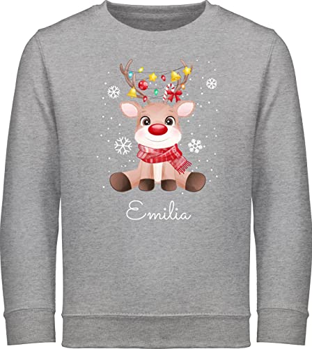 Sweater Kinder Sweatshirt Jungen Mädchen Pullover - Weihnachten Geschenke - Süßes Rentier mit Name Wunschtext - 116 (5/6 Jahre) - Grau meliert - weihnachtsoutfit 2022 Pulli Weihnachts von Geschenk mit Namen personalisiert by Shirtracer