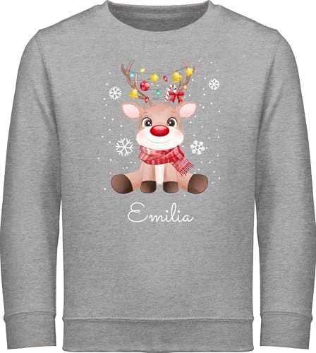 Sweater Kinder Sweatshirt Jungen Mädchen Pullover - Geschenke - Süßes Rentier mit Name Wunschtext I Geschenk Rentier Weihnachten I Rudolph Reindeer Rudolf - 140 (9/11 Jahre) - Grau meliert von Geschenk mit Namen personalisiert by Shirtracer