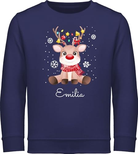 Sweater Kinder Sweatshirt Jungen Mädchen Pullover - Geschenke - Süßes Rentier mit Name Wunschtext I Geschenk Rentier Weihnachten I Rudolph Reindeer Rudolf - 140 (9/11 Jahre) - Navy Blau von Geschenk mit Namen personalisiert by Shirtracer