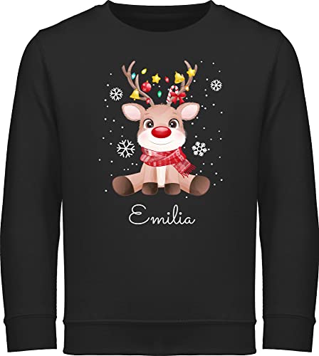 Sweater Kinder Sweatshirt Jungen Mädchen Pullover - Geschenke - Süßes Rentier mit Name Wunschtext I Geschenk Rentier Weihnachten I Rudolph Reindeer Rudolf - 140 (9/11 Jahre) - Schwarz von Geschenk mit Namen personalisiert by Shirtracer