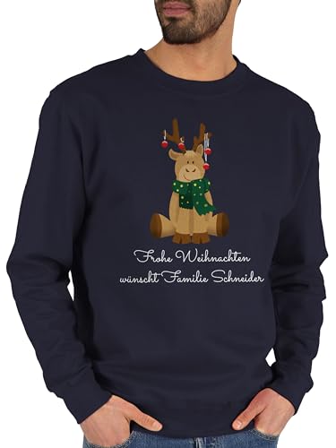 Sweater Pullover Sweatshirt Herren Damen - Frohe Weihnachten wünscht Name mit Rentier - L - Dunkelblau - Weihnachts-Sweatshirt weinachts Sweat Weihnachts Weinachten lustig Langarm weihnachtliches von Geschenk mit Namen personalisiert by Shirtracer