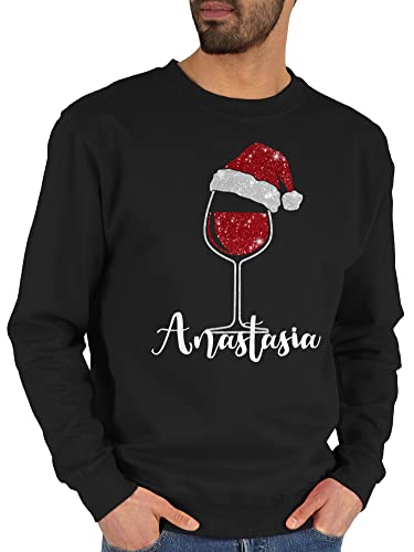 Sweater Pullover Sweatshirt Herren Damen - Weihnachten Geschenke Christmas - Weinglas mit Weihnachtsmütze in Glitzeroptik und Name - M - Schwarz - Weihnachts weihnacht Glitzer weihnachtliche von Geschenk mit Namen personalisiert by Shirtracer