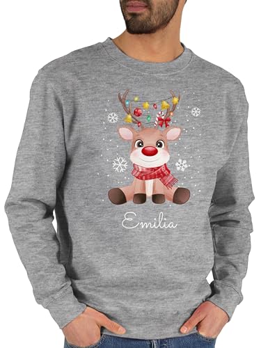 Sweater Pullover Sweatshirt Herren Damen - Süßes Rentier mit Name Wunschtext I Geschenk Rentier Weihnachten I Rudolph Reindeer Rudolf - L - Grau meliert - Weihnachts-Sweatshirt Weihnachts von Geschenk mit Namen personalisiert by Shirtracer