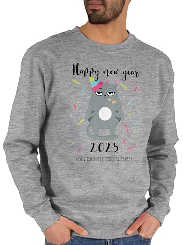Sweater Pullover Sweatshirt Herren Damen - Silvester Outfit - Happy new year 2025 - Grumpy Cat - XXL - Grau meliert - silvesterpullover pulli 2024 years von Geschenk mit Namen personalisiert by Shirtracer