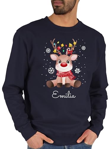 Sweater Pullover Sweatshirt Herren Damen - Weihnachten - Süßes Rentier mit Name Wunschtext - L - Dunkelblau - weihnachtliches Weihnachts Christmas weihnacht Weinachten weinachts Frohe von Geschenk mit Namen personalisiert by Shirtracer