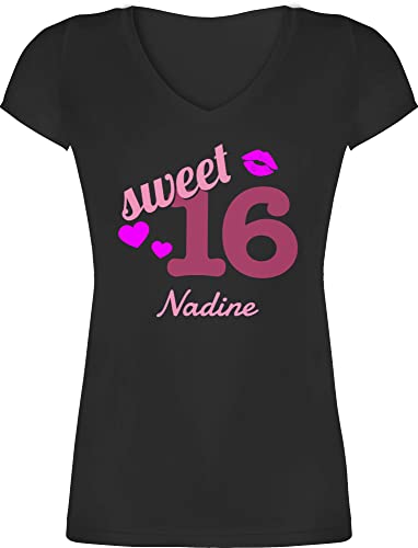 T-Shirt Damen V Ausschnitt - 16. Geburtstag - Sweet Sixteen - Kussmund Herz Name - zum Sechzehnten - XS - Schwarz - 16 Birthday Tshirt 16.Geburtstag Happy Shirt Jahre v-Ausschnitt Geschenke Frauen von Geschenk mit Namen personalisiert by Shirtracer