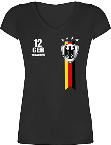 T-Shirt Damen V Ausschnitt - 2024 Fussball EM Fanartikel - Germany WM Fan Deutschland - XL - Schwarz - t Shirt Europameisterschaft Deutschland-Trikot Fanshirt fußball personalisierbar von Geschenk mit Namen personalisiert by Shirtracer