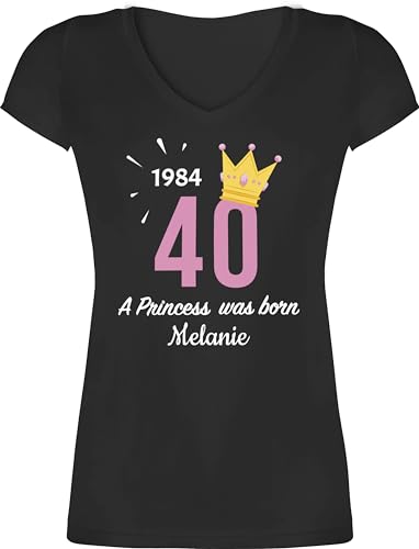 T-Shirt Damen V Ausschnitt - 40. Geburtstag - 1984 A Princess was Born - zum Vierzigsten - mit Name - 3XL - Schwarz - Geburstag 40 1982 Shirt Geschenke Tshirt Jahre vierzigster 40.Geburtstag von Geschenk mit Namen personalisiert by Shirtracer