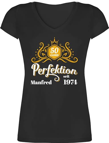 T-Shirt Damen V Ausschnitt - 50. Geburtstag - 50 Jahre Perfektion seit 1974 Legende - M - Schwarz - zum fünfzigsten 1973 t Shirt Geschenke Name personalisierte fünfzig fünfziger 50.Geburtstag und von Geschenk mit Namen personalisiert by Shirtracer