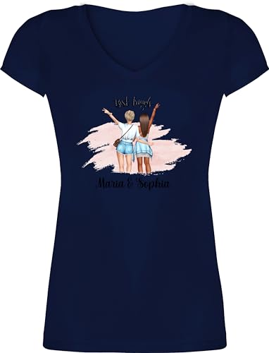 T-Shirt Damen V Ausschnitt - Freundin - Best Friends Hände Peace mit Name Freundinnen - M - Dunkelblau - Geschenke Beste Shirt für personalisiertes Gute personalisierte lustig als Partner von Geschenk mit Namen personalisiert by Shirtracer