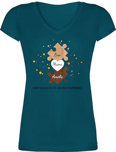 T-Shirt Damen V Ausschnitt - Weihnachten Geschenke für Mutter von Zwei Kindern Puzzlestücke mit Namen I Mama von 2 Geschwistern - XL - Türkis - Shirt Name mom t von Geschenk mit Namen personalisiert by Shirtracer