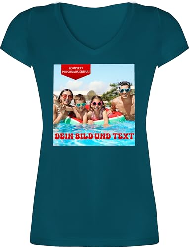 T-Shirt Damen V Ausschnitt - Geschenk mit eigenem Foto und Text personalisiert I Eigenes Bild I Custom Photo Text - 3XL - Türkis - Shirt selbst Print personalisierte Tshirt selber gestalten von Geschenk mit Namen personalisiert by Shirtracer