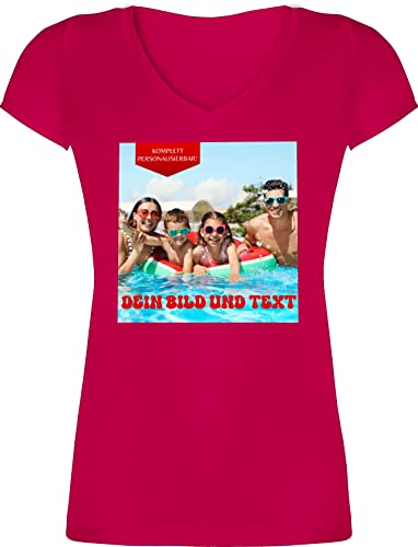 T-Shirt Damen V Ausschnitt - Geschenk mit eigenem Foto und Text personalisiert I Eigenes Bild I Custom Photo Text - S - Fuchsia - Shirt selbst Print personalisierte Tshirt selber gestalten Pictures von Geschenk mit Namen personalisiert by Shirtracer