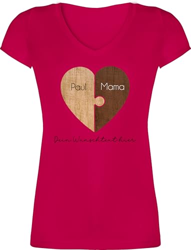T-Shirt Damen V Ausschnitt Puzzlestücke mit Namen Mama von Kind I Weihnachten Geschenk von Tochter für Mutter I Muttertagsgeschenk - XXL - Fuchsia - Shirt Name mom Sohn t von Geschenk mit Namen personalisiert by Shirtracer